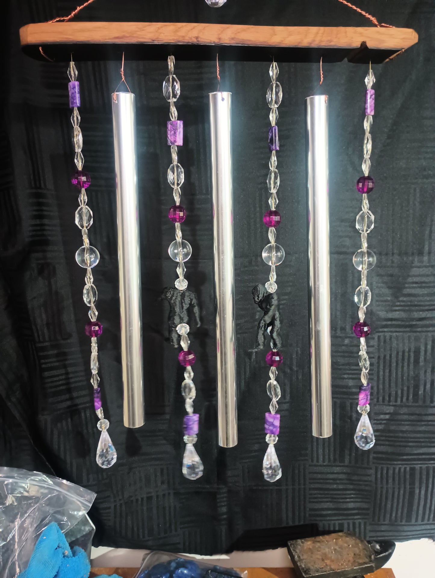 Wine barrel stave chime - bigfoot themed purple beaded.