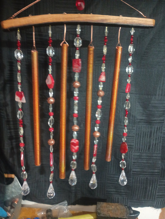 Wine Barrel Stave Chime - Red beads and copper pipe 4 pipe