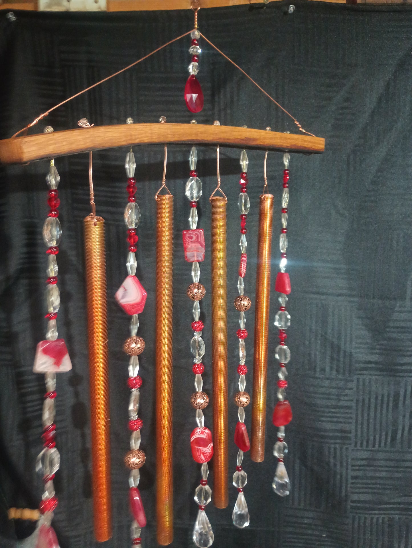 Wine Barrel Stave Chime - Red beads and copper pipe 4 pipe